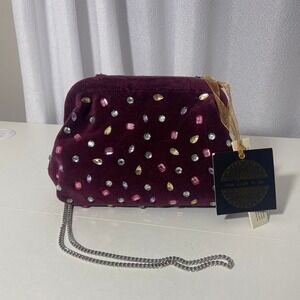 From India To You Burgundy Velvet Crystal Embellished Handcrafted Clutch Bag NWT